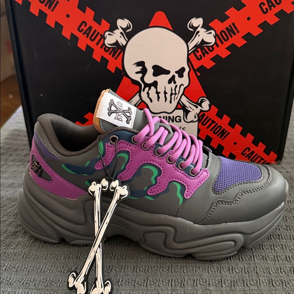 Brand X  Gray and purple Skull Sneakers SIZE 7 new with tags and box